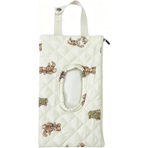 Quilted Baby Wipe Holder Quilted Wipe Pouch Portable Hanging Floral Wet Wipes Bag for Car, Stroller (Bear 3)