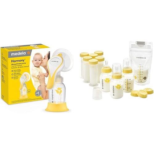 Medela Breastfeeding Gift Set, Breast Milk Storage System; Bottles, Nipples, Travel Caps, Breastmilk Storage Bags and More, Made without BPA & Manual breast pump with Flex Shields Harmony Single Hand