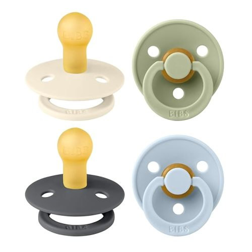 BIBS Colour Soother 4-Pack | BPA Free Dummy Pacifier | Round Nipple | Natural Rubber Latex | Made in Denmark | Size 0-6 Months | Iron Mix