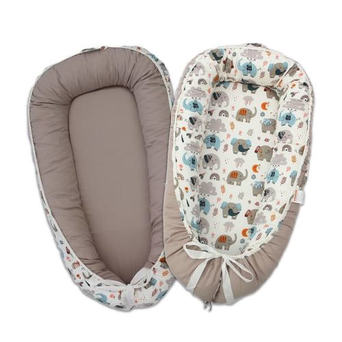 Baby Lounger, 100% Cotton 0-24 Months Breathable Soft Baby Nest Co Sleeper, Reversible Adjustable Portable Baby Lounger Nest for Newborn, Infant Lounger for Home & Travel (Grey Elephant)