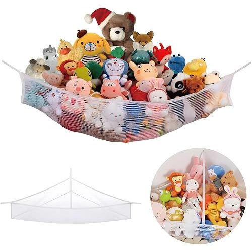 X-Large Stuffed Animal Net Hammock Corner (Min 3’6” Right-angled Corner Space Each Side) Toy Organizer for Plushies Hanging Holder for Organizing your Teddy and Squishmallow (White, X-Large)
