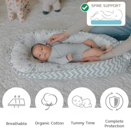 Baby Nest, Baby Lounger, Organic Cotton Lounger for Baby, Reversible Breathable Adjustable Portable - Star Collection (Gray)