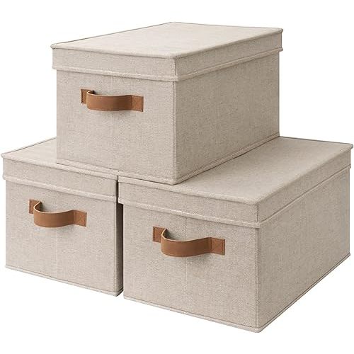 StorageWorks Lidded Storage Bins, Foldable Decorative Boxes, Fabric Basket with Handles, Large, Brown and Beige, 3-Pack