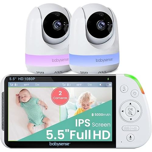 Babysense 5.5” 1080p Full HD Split-Screen Baby Monitor, Video Baby Monitor with 2 Cameras and Audio, 6-Color RGB Night Light, 1000ft Range, Two-Way Audio, 4X Zoom, 5000mAh Battery