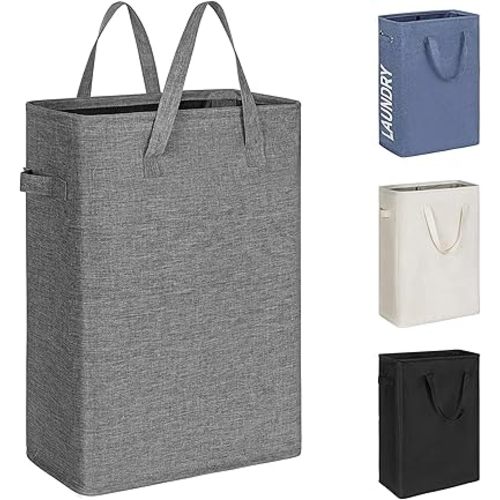 Chrislley 45L Slim Laundry Hamper Narrow Laundry Basket with Handle Foldable Dirty Clothes Portable Skinny Hamper Organizer Storage Bins (22 inches, Upgrade Grey)