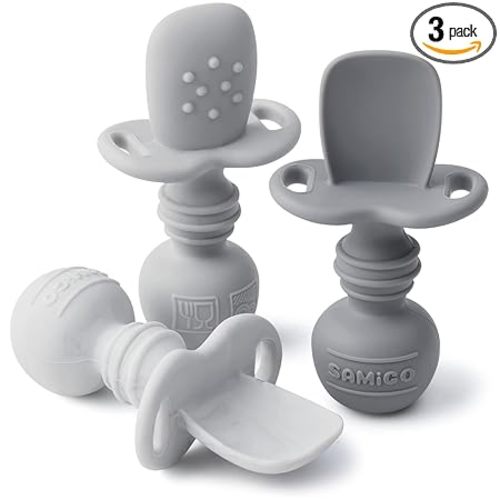 SAMiGO Silicone Baby Spoons Self Feeding 6+ Months - Infant Toddler Utensils - First Stage Baby Led Weaning Feeding Supplies - Set of 3 Pack
