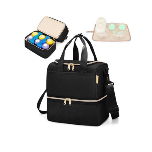 Fasrom Wearable Breast Pump Bag with Cooler Compartment Compatible with Momcozy, Medela and Willow Pumps, Portable Pumping Carrying Case with Waterproof Mat, Black (Empty Bag Only)