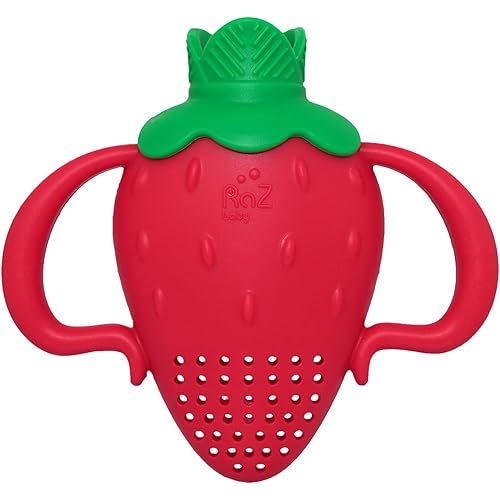 RaZbaby Fruitique Fruit Feeder One-Piece Baby – Larger Opening for Refilling & Fits More Fresh/Frozen Fruit for Teething Relief, Easy to Hold, Safer Design, BPA-Free, Dishwasher Safe - Strawberry
