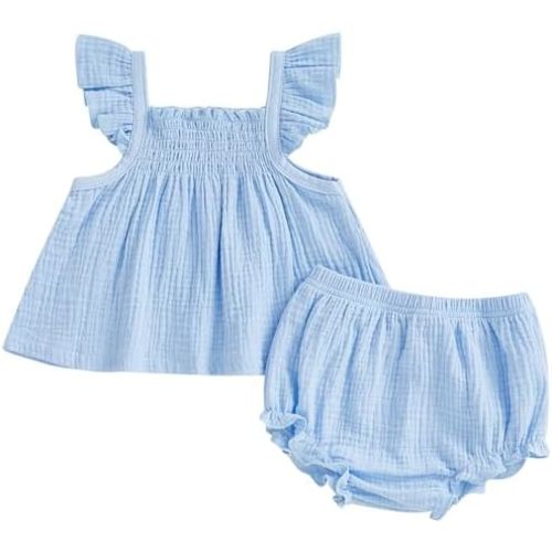 Mubineo Baby Girl Summer Clothes Cute Basic Plain Cotton Linen Ruffle Tops Dress Shorts Outfits Set Shirt Princess Outfit