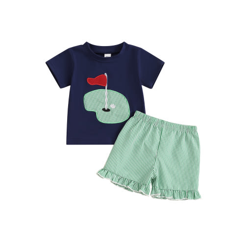 Hirigin Girls 2PCS Sets Short Sleeve Golf Embroidery Tops Striped Shorts