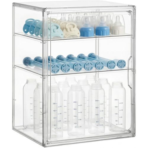 HBlife Baby Bottle Storage Organizer for Countertop Cabinet, 3 Tiers Adjustable Clear Acrylic Bottles Storage Station Case Box Container with 2 Removable Dividers and Magnetic Door, Large