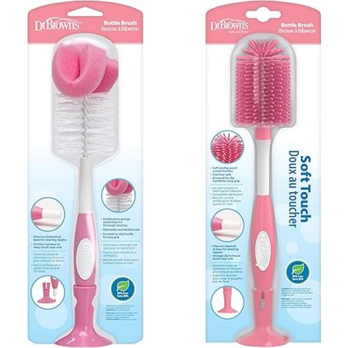 Dr. Brown's Baby Bottle and Nipple Brush Soft Touch and Sponge Brush, Pink Variety Pack, 2 Count