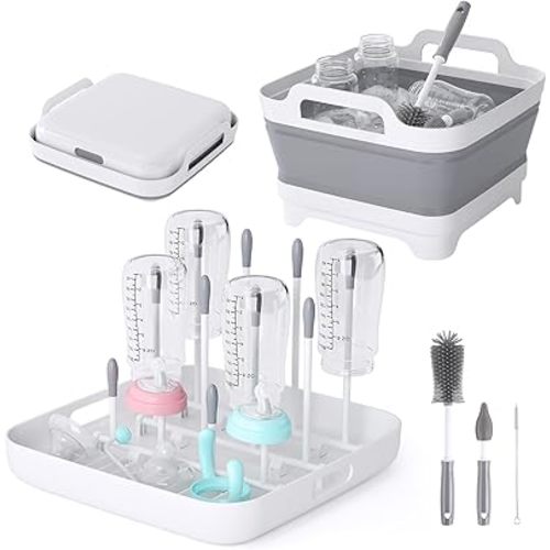 Collapsible Wash Basin for Baby Bottles - Portable 2.4 Gallon Dish Tub with Drying Rack & Lid, Foldable Sink for Camping, Outdoor Space-Saving Tub for Kitchen, RV, Camping, Outdoor Use