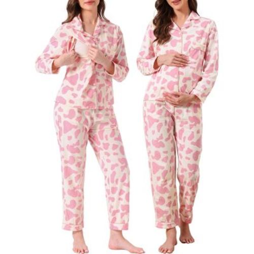 INSPIRE CHIC Women's Nursing Pajama Set Floral Leopard Long Sleeve Top with Pant Postpartum Breastfeeding Loungewear