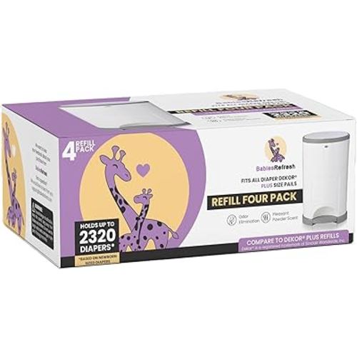 Refills Compatible with DEKOR PLUS Diaper Pail Refills | 4 Pack | Diaper Pail Odor Eliminator| Fresh Powder Scent | Each Diaper Bag Refill Holds up to 2320 Diapers | Diaper bin refill