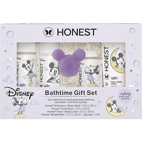 The Honest Company Calm Lavender Bathtime Gift Set, Disney Design, Hypoallergenic Bath for Sensitive Baby Skin, Shampoo Body Wash Face Lotion Bubble Conditioner Sponge