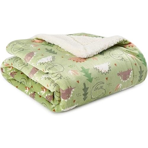 Sherpa Kids Blanket Cozy Cute Baby Blankets for Boys and Girls Animal Pattern Throw Blankets 360GSM Thickened Plush Flannel Warm Dinosaur Toddler Blanket for Daycare,Green 30"x40"