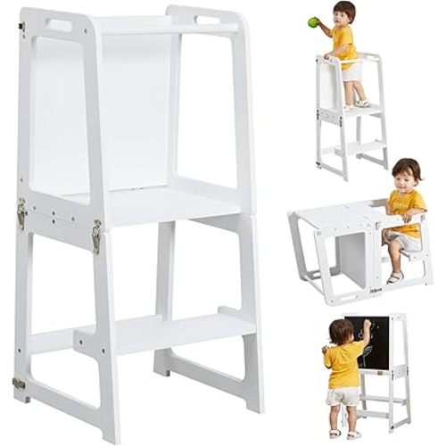 4-in-1 Learning Tower for Toddlers and Kids 1-6 Years, Kitchen Helper Stool with Chalkboard, Desk Table, and Chair All in One, White