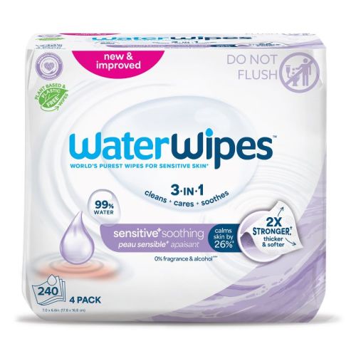 WaterWipes Sensitive+ Soothing Wipes, 3-In-1 Cleans,Soothes, 99% Water with Botanical Extract, Unscented & Hypoallergenic Baby Wipes, 240ct