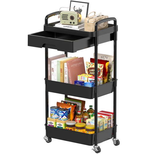 3-Tier Rolling Utility Cart with Drawer & Wheels, Multifunctional Storage Organizer Cart for Kitchen,Bathroom,Living Room,Office, Black