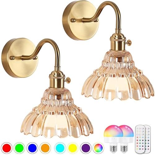 Vintage Battery Operated Wall Sconces Set Of Two, Indoor not Hardwired Brass Amber Glass Lampshade Fixtures,Rechargeable Wireless RGB Wall Lights with Dimmable Remote Control,for Bedroom Living Room