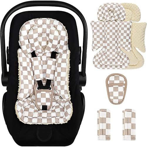 DILIMI Infant Car Seat Insert, Baby Car Seat Head Support with Removable Headrest, Adjustable Newborn Car Seat Cushion with3 Strap Paddings for Stroller, Swing, Bouncers, Coffee Lattice