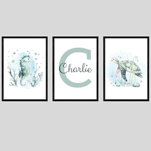 Under The Sea Nautical Unframed Baby Boy Girl Nursery Bedroom Set of 3 Poster Prints, Personalized Name, Seahorse Turtle Wall Art Decor, New Baby Gift Present (12x16)