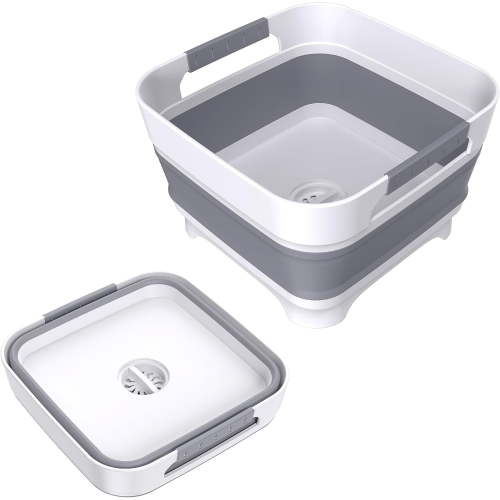 SA Collapsible Dish Basin With Drain Plug, 9L(2.4Gal) Capacity, Space Saving Portable Sink For Baby Bottle, Kitchen, Camping& RV, Gray