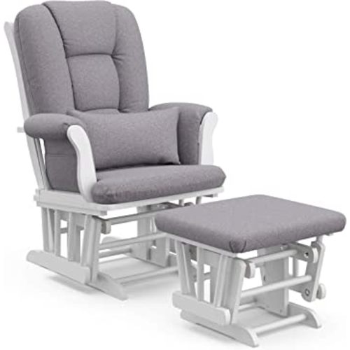 Storkcraft Tuscany Custom Glider and Ottoman with Free Lumbar Pillow (White/Slate Gray Swirl) - Cleanable Upholstered Comfort Rocking Nursery Chair with Ottoman