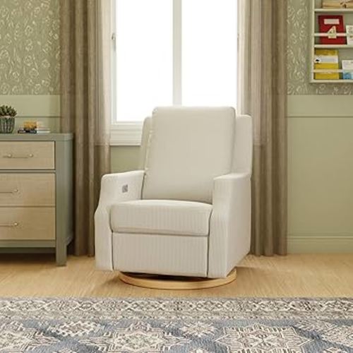 NAMESAKE Crewe Electronic Recliner and Swivel Glider in Fog Chatham Stripe Performance Eco-Weave, Water Repellent, Greenguard Gold & CertiPUR-US Certified