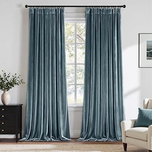 Grayish Blue Velvet Curtains 108 Inches Long Blackout Thermal Insulated Soundproof Curtain Privacy Room Darkening Curtains Pinch Pleat Window Drapes for Bedroom Living Room 42 x 108 Inch Set of 2