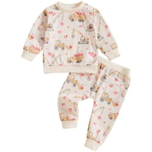 Toddler Baby Boy Valentines Outfit Truck Heart Print Sweatshirt Top Pants Set Sweatsuit 2Pcs Valentines Clothes