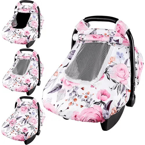 Floral Baby Carseat Cover Girls, Pea Pod Infant Car Seat Covers Canopy for Newborn with 2 Layers Windows of Breathable Mesh/Fabric, Lightweight Polyester/Minky Dot Backing, Snug Fit Most Baby Car Seat
