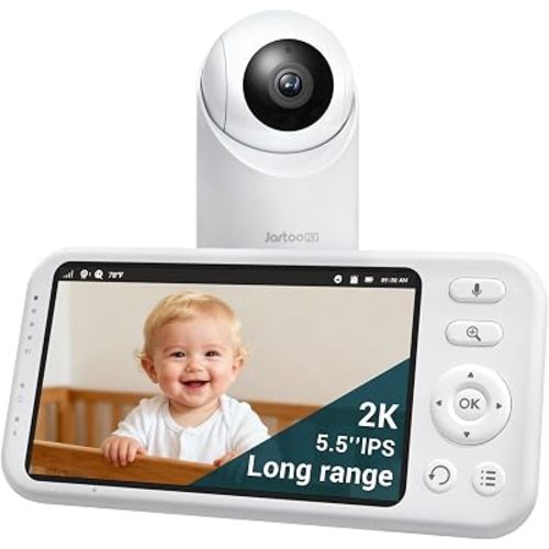 Jartoo 2K 5.5" Video Baby Monitor with Camera and Audio,AI Cry Detect 1860ft Long Range Baby Monitor No WiFi Baby Camera Wireless,Clear Night Vision,ANC, 2-Way Talk,White Noise,6000mAh [2025 New]