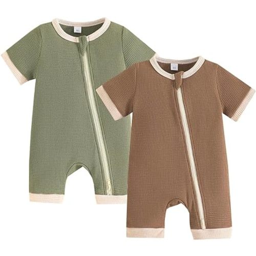 Bafeicao Unisex Baby Boy Girl 2 Pack Rompers Short Sleeve Two Way Zipper Romper One Piece Jumpsuits Clothes Sets