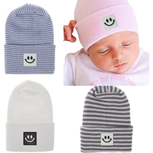 Newborn Baby Hat Infant Caps Baby Boy Girl Toddler Hospital Hats Bow Double Layer Knit Beanie Cap for 0-3 Months