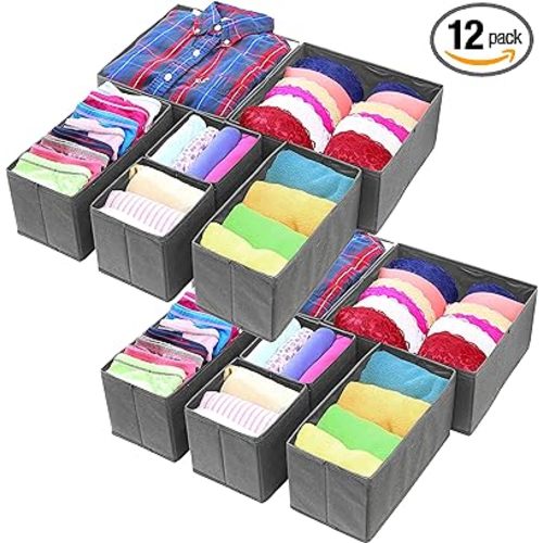Simple Houseware Foldable Cloth Storage Box Closet Dresser Drawer Divider Organizer Basket Bins for Underwear Bras, Dark Grey, (Set of 12) - 4L / 4M / 4S