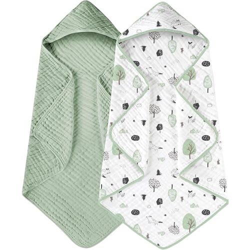 Yoofoss Hooded Baby Towels for Newborn 2 Pack 100% Muslin Cotton Baby Bath Towel with Hood for Babies, Infant, Toddler and Kids, Large 32x32Inch, Soft and Absorbent Newborn Essential