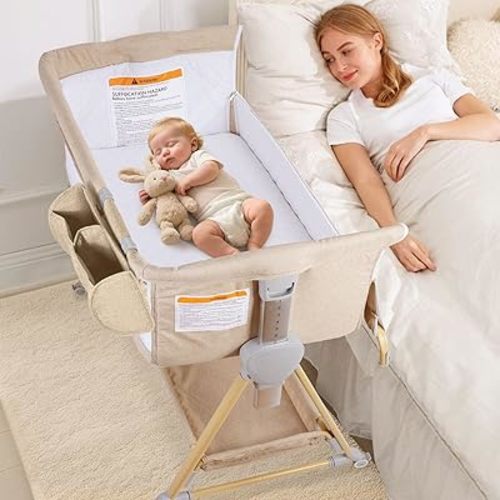 BIERUM Baby Bassinet, Bedside Sleeper for Baby, 7 Height Adjustable Bedside Bassinet with Lockable Wheels, Easy to Assemble Portable Bedside Crib with Large Storage Bag and Mattress for Newborn/Infant