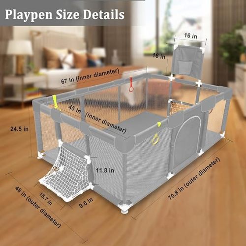 Large Baby Ball Pit Sturdy Play Pen/ Yard W/Basketball Hoop for Babies and Toddlers Children's Fence Play Area, Indoor Outdoor Kids Activity Center, Infant Safety Gates (Grey) - Ligth Grey