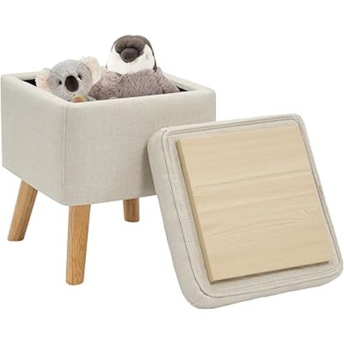 Small Linen Storage Ottoman with Tray, Modern Ottoman Foot Rest with Solid Wood Legs Footstool, Tufted Upholstered Ottoman with Storage Stool for Dorm, Vanity, Living Room, Bedroom,Beige