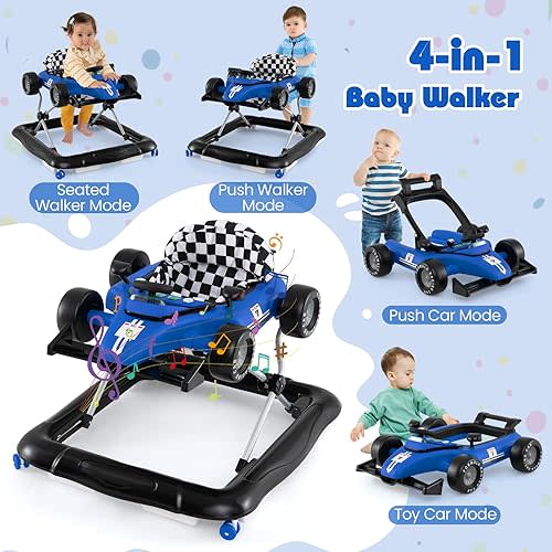 HONEY JOY Baby Walker, 4-in-1 Foldable Infant Activity Push Walker, Toddler Car Walker with Adjustable Heights, Music, Lights, Padded Seat, Baby Walker with Wheels for Boys Girls 6-18 Months (Blue)