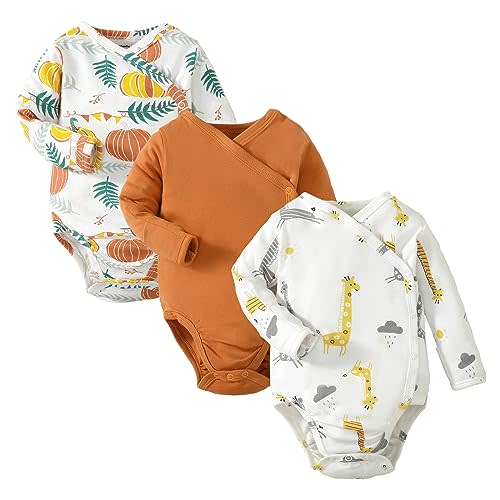 DEFAHN Baby Side Snap Bodysuit Kimono Onsies Newborn Boy Girl 3-Pack 100% Cotton Basic Pattern Kimono Bodysuits