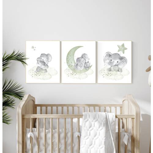 Sage green nursery decor, elephant nursery, gender neutral prints, nursery wall art, animal prints, green nursery wall art, baby room
