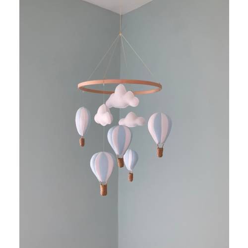 Nursery Mobile Hanger Blue Hot Air Balloons White Cloud Boy Girl Decoration New Baby Shower Gift Yellow Grey Beige Natural Gender Neutral