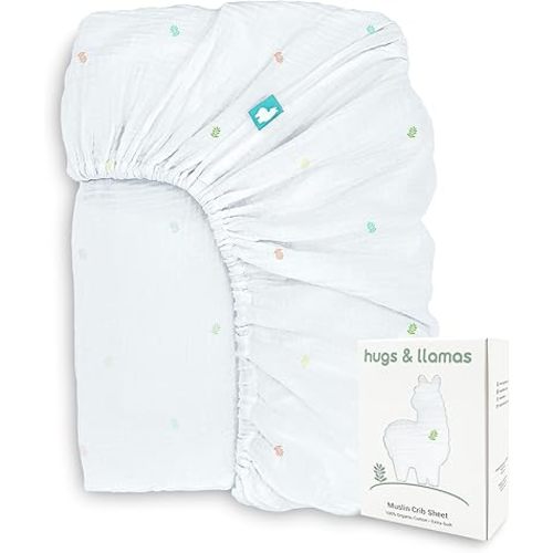 hugs & llamas | 100% Organic Cotton Muslin Fitted Crib Sheet | Premium Baby Crib Sheets for Boys & Girls Crib Fitted Sheet | Organic Crib Sheets Girl & Boy Crib Sheets Neutral | Crib Mattress Sheet