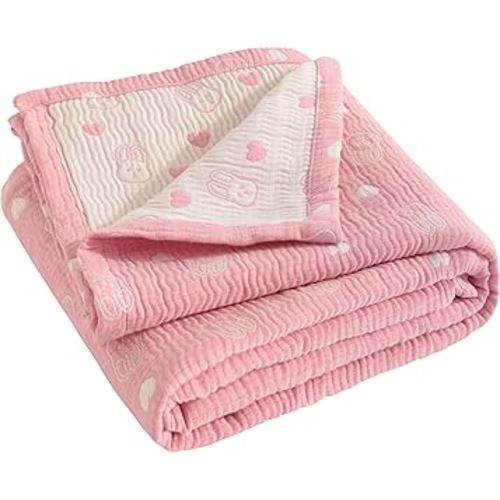 NTBAY 3 Layer Muslin Cotton Toddler Blanket, Jacquard Reversible Nursery Bed Blanket, Super Soft and Thermal for All Seasons, Decoration Gift, 30"x40", Pink Rabbit