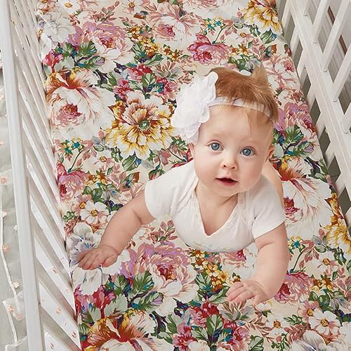 Brandream Fitted Crib Sheets for Girl Luxury Peony Floral Baby Toddler Sheets Organic Cotton Crib Sheet for Standard Crib and Toddler Mattresses