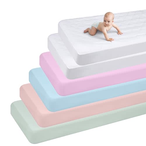 Newwiee 6 Pcs Baby Bedding Set - Fitted Sheet Crib Waterproof Mattress Protector, 28" x52" Soft Quilted Toddler Mattress Pad Cover, Machine Washable for Standard Crib(Fresh Color)