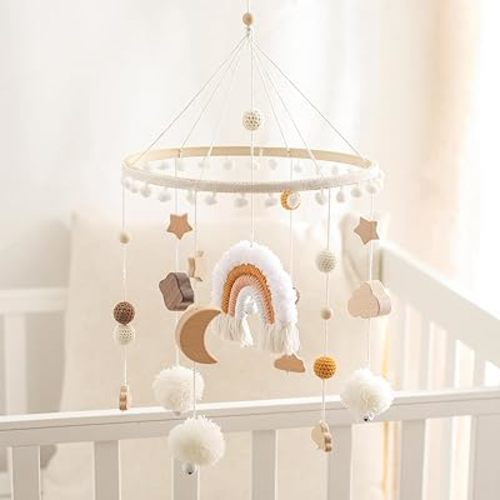 Baby Crib Mobile for Boys Girls Rainbow Nursery Mobile Gender Neutral Hand-Crocheted Mobile Ceiling Mobile - Rainbow, Clouds, Moon